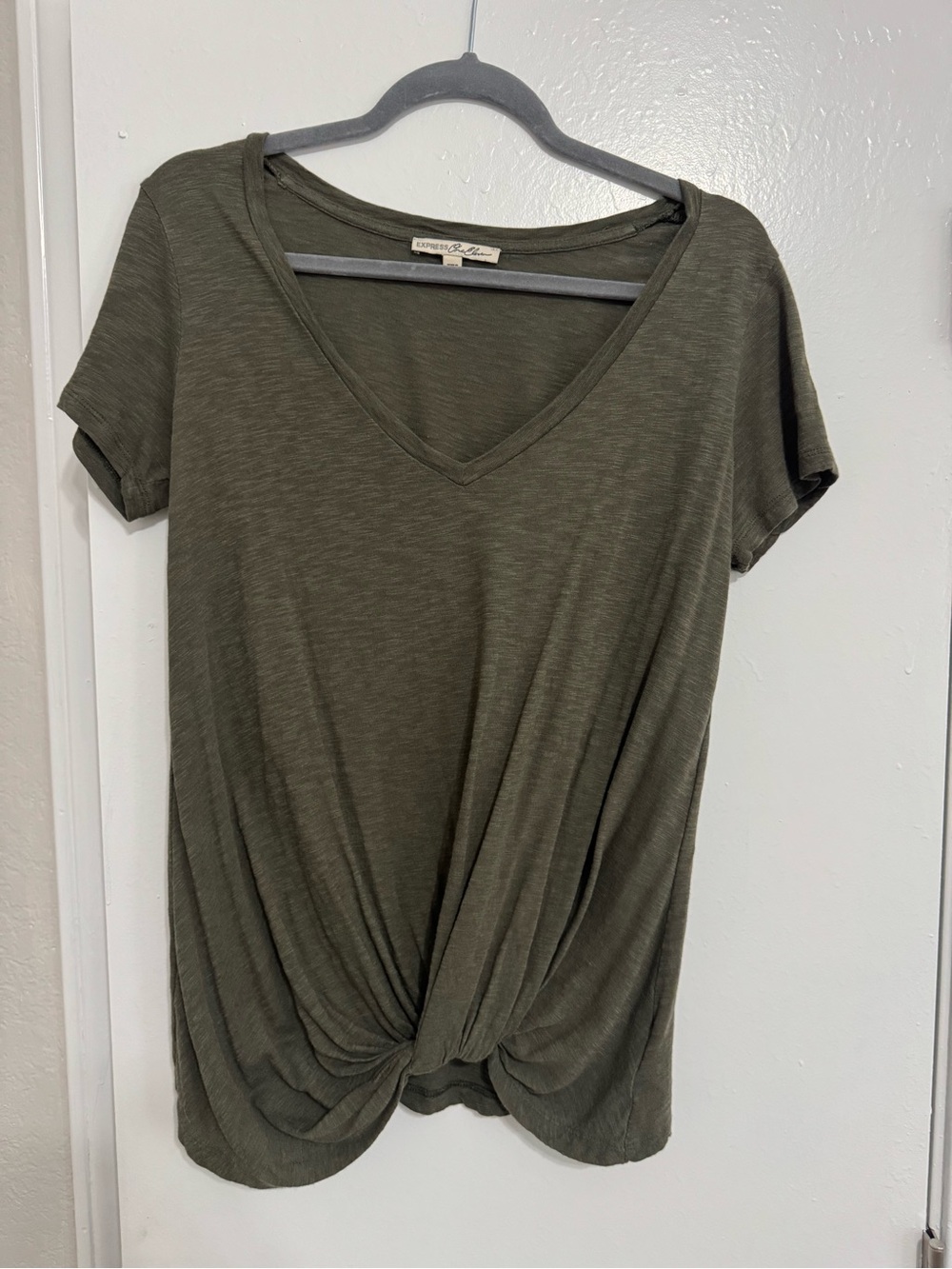 Express Olive V-Neck Short Sleeve Twist-Front Tee